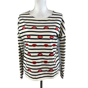 J. Crew Top Pullover sz Small Ivory Navy Blue Striped Lip Stick Lips Embroidery